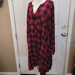 Torrid Buffalo Plaid Dress Size 2 2X Red Plaid Print Tab Sleeves Button Front